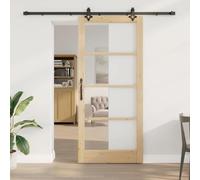 LoogCape Porte coulissante naturelle 93 x 211 cm en bois massif de pin et verre avec kit de quincaillerie, glisse silencieuse en douceur pour intérieur, salon, couloir
