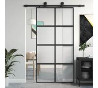 LoogCape Porte coulissante noire en verre trempé et aluminium 102,5 x 205 cm avec verre de 5 mm d'épaisseur, aspect transparent mat, butoir de porte et amortisseur de porte pour porte d'appartement et