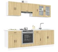 LoogCape Porto Lot de 8 armoires de cuisine en chêne Sonoma en bois et verre avec armoire basse, armoire suspendue, vitrine, espace de rangement pour cuisine et salle à manger