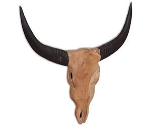 LoogCape Sculpture murale tête de taureau en bois de teck 69 x 6 x 60 cm faite à la main décoration rustique pour salon, bureau, jardin, vitrine, design moderne et vintage