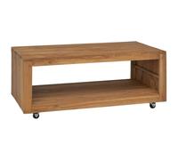 LoogCape Table Basse en Bois de Teck Massif 110x60x40 cm avec étagère et Roues Mobiles pour Salon, Meuble de séjour, Design scandinave, Rangement Pratique, Finition Naturelle