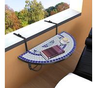 LoogCape Table suspendue de balcon en mosaïque bleue et blanche en fer et céramique, table de terrasse semi-ronde 76 x 56 x 64 cm, pour balustrade jusqu'à 18 cm, pliable pour l'extérieur