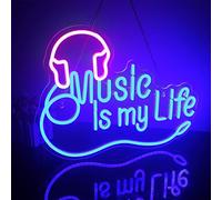 Looklight Music Is My Life Enseigne au néon pour écouteurs, enseignes au néon à intensité variable rose bleu LED pour chambre à coucher, studio de musique, bar, club, cadeau de fête musicale