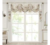 Loom and Mill Cantonnière de Luxe en Jacquard pour Salon, Chambre à Coucher, cantonnière de fenêtre damassée Florale avec Pompons, Beige nacré pour décoration de Banquet, Vacances (200 cm, 1 Panneau)
