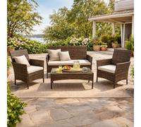 Loos ensemble de jardin 4 places en résine tressée marron et coussins beige