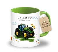 LOOXIS Mug personnalisée pour enfants avec nom, texte et motif - 325ml, céramique, différentes couleurs - Idée cadeau garçon, fille, rentrée scolaire, maternelle - Vert, Tracteur