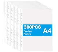 LOPYXBR Ensemble de 300 Pochette Plastique A4, Pochette Transparente A4 Perforée avec Bande Blanche, Ouverture Supérieure pour Classeur, Bureau et Documents