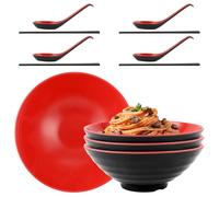 LOPYXBR Lot de 4 bols à ramen japonais, Ensemble de bols à ramen en mélamine de 1000 ml, Bol à ramen de 21x8 cm avec cuillère et baguettes pour ramen, nouilles, Buldak ramen, salade (Noir et Rouge)