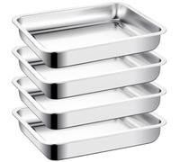 LOPYXBR Lot de 4 Plat Inox Rectangulaire 27 x 20 x 4,8 cm, Plat Rectangulaire en Acier Inoxydable, Plateau Inox Cuisine, Pour Pâtisserie, Rôtir, Servir - Passe au Lave-Vaisselle