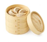 LOPYXBR Panier vapeur en bambou de 20,3 cm, 3 étages | Cuiseur vapeur en bambou à 3 niveaux avec couvercle, 20,3 cm pour légumes, raviolis, viande et poisson (20 cm)
