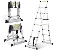 Lospitch Échelle télescopique pliable, en aluminium, antidérapante, 2 m + 2,3 m, cadre en forme de A à 6+7 marches, capacité de charge maximale : 150 kg
