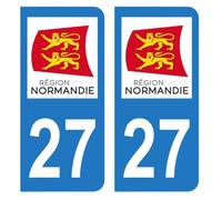 Lot 2 Autocollants Stickers plaque immatriculation voiture auto département 27 Eure Logo Région Normandie