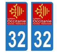 Lot 2 Autocollants Stickers plaque immatriculation voiture auto département 32 Gers Logo Région Occitanie