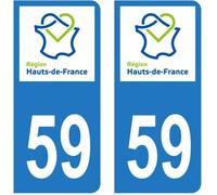 Lot 2 Autocollants Stickers plaque immatriculation voiture auto département 59 Nord Logo Région Hauts-de-France