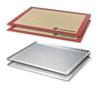 Lot 2 plaques à pâtisserie micro-perforée en aluminium et 2 tapis de cuisson en silicone et fibre de verre professionnels 40 cm Mathon
