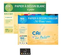 Lot 2 Pochettes Papier A Dessin 24x32 cm Blanc A Grain 224g/m² 12 Feuilles + Papier A Dessin Couleur Mi-Teintes Vives 12 Feuilles + 1 Index Adhésif Blumie (Blanc + Vives)