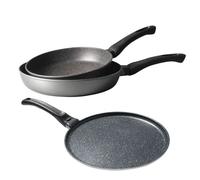 Lot 2 poêles 24 et 28 cm et 1 crêpière 26 cm revêtement Dur comme la pierre Mathon