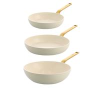 Lot 2 poêles 24 et 28 cm et wok 28 cm aluminium antiadhésif crème Evolution Green pan