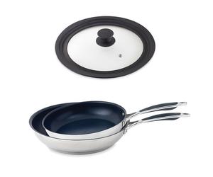 Lot 2 poêles inox antiadhérentes Excell'Inox 24 et 28 cm et couvercle multidiamètre Mathon