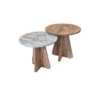 Lot 2 tables basses rondes OASIS - Plateaux acacia et marbre - Pieds centraux acacia