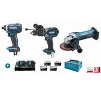 Lot 3 machines 18V + Perceuse Visseuse DHP458 + Visseuse à Choc DTD152 + Meuleuse DGA452Z - MAKITA - avec 4 batteries 18V 5Ah - chargeur Double - MakPac - LMK11