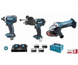 Lot 3 machines 18V + Perceuse Visseuse DHP458 + Visseuse à Choc DTD152 + Meuleuse DGA452Z - MAKITA - avec 4 batteries 18V 5Ah - chargeur Double - MakPac - LMK11