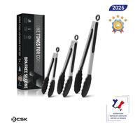 Lot 3 pinces de cuisine BCSK® | Inox verrouillable et embout en silicones sans BPA, cuisson & barbecue | Poignées antidérapantes