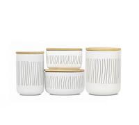 Lot 4 Bocaux Cuisine Céramique avec Couvercle Bambou Hermétique - Pots de Conservation Alimentaire et Rangement Salle de Bain - 300 à 800 ml - Design Blanc