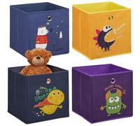 Lot 4 Boîtes De Rangement, Chambre D'Enfant, Monstres Et Animaux, Pliables, Hxlxp : 30x30x30 Cm, Multicolore - Relaxdays