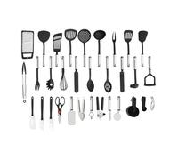 Lot 40 ustensiles cuisine nylon/inox antiadhésif résistant chaleur noir | Lot complet 40 pièces nylon/inox, antiadhésif, résiste 210°C, polyvalent (spatules/louche/fouet), anti-rayures, design noir