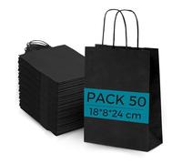 Lot 50 Sacs Papier Kraft Noir avec Anses 18x8x23cm - Sac pour Shopping Cadeaux Mariages