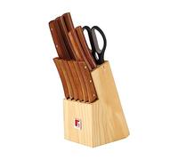 Lot & bloc 13 pièces de couteaux naturels Bergner BG-8911-MM|Couteau de chef, couteau à pain, couteau à découper, couteau tout-usage, couteau à légumes, ciseaux, six couteaux à steak & bloc bois