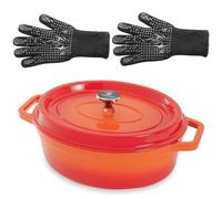 Lot cocotte en fonte ovale orange 33 cm 6 L et 2 gants anti-chaleur grand modèle (taille 10) Mathon