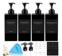 Lot comprenant 4 distributeurs de savon noirs, des flacons de shampoing rechargeables de 500 ml, un distributeur de liquide vaisselle, un distributeur de gel douche, un distributeur à pompe avec 48 ét