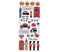 Lot d'autocollants d'icônes de Londres - Big Ben, couronnes, carrosse d'entraîneur Gold State, garde royale, moustaches britanniques, tasses à thé et bouilloire anglaises, cœur Union Jack, bus, taxi,