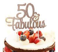 Lot de 1 décoration de gâteau 50 & Fabulous or rose pailleté « Cheers to Happy 50th Birthday » - Décorations de gâteau pour 50e anniversaire de mariage ou fête d'anniversaire