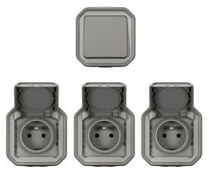 Lot de 1 interrupteur VV et 3 prises avec terre complet, LEGRAND Plexo, gris