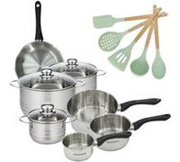 Lot de 1 poêle 20 cm, 3 Faitouts 16/20/24 cm et 3 Casseroles 12/16/20 cm Fackelmann Généva et 5 ustensiles Océan Inox|Noir