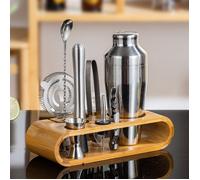 Lot de 10 Accessoires Cocktail en Acier Inoxydable avec Support Bambou Kit Bar avec Shaker 700ml Doseur Pilon et Pince à Glace