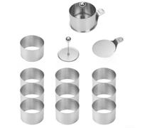 Lot de 10 anneaux de cuisson en acier inoxydable avec élévateur (12 pièces) | Comprend 10 anneaux sans couture plus un poussoir et un lèveur, parfait pour les gâteaux superposés et pour les desserts en