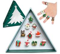 Lot de 10 Bagues Réglables de Noël pour Filles dans un Coffret Cadeau d'Arbre, Plastique, Aucune Pierre Précieuse - Pour Filles de 3 à 8 Ans