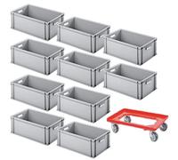 Lot de 10 boîtes de rangement en carton euro 600 x 400 x 220 mm + 1 chariot de transport