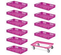 Lot de 10 boîtes Euro - 600 x 400 x 90 mm - Qualité industrielle - Qualité alimentaire - Rose - Avec 1 chariot de transport