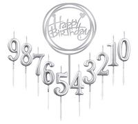 Lot de 10 bougies de gâteau numéro 0 à 9 ans + 1 lettre de joyeux anniversaire à paillettes décoration de gâteau numéro de bougies numériques pour fête d'anniversaire mariage (argent)