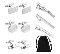 Lot de 10 boutons de manchette et pince à cravate - 3 paires de boutons de manchette pour homme et 3 pinces à cravate avec pochette à bijoux, boutons de manchette argentés et épingle à cravate pour