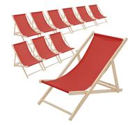 Lot de 10 chaises longue de jardin bain de soleil rouge cadre bois de pin 120 kg