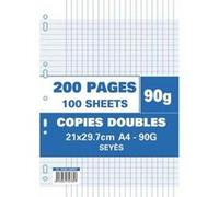 Lot de 10 copies doubles Etui filmé, perforées, 200 pages, 90g, Grands carreaux seyès, Format 21 x 29,7 cm Papier blanc G