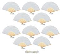 Lot de 10 éventails en papier avec pompon, à structure en bambou, de couleur blanche