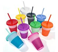 Lot de 10 gobelets avec paille et couvercle, gobelets avec couvercle et paille, 475 ml, tasse à changement de couleur, gobelets en plastique, réutilisables, pour smoothie, café glacé, tasse de voyage