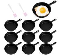 Lot de 10 Mini Poêles en Fonte 10 cm, Petite Poêle à Œuf avec 2 Pinceaux à Huile, Poêlon en Fonte Individuel Pré-assaisonné, Sûr pour Four, Pâtisserie, Cuisine, Camping Intérieur Extérieur